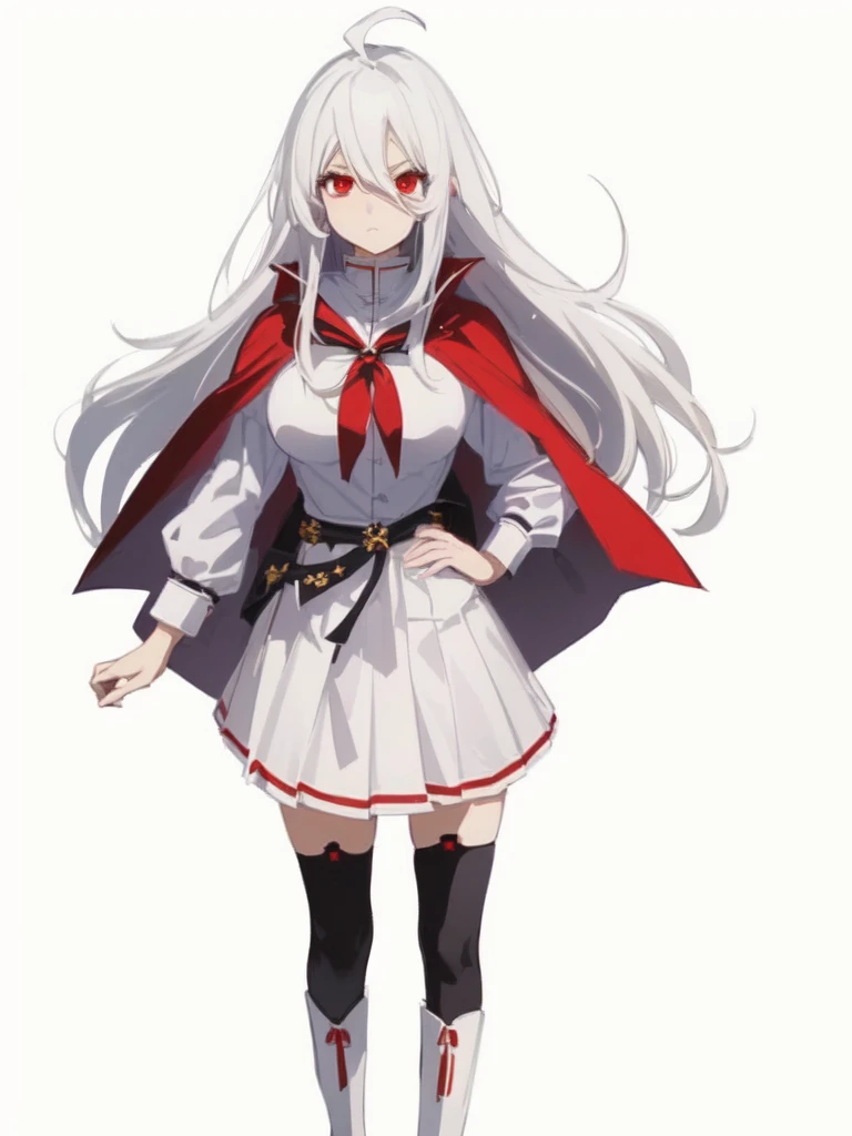masterpiece, best quality, comic, adorable girl, very long hair, white hair, ahoge, eyeball, white eyebrows, expressionless, sigh, red eyes, large , seifuku, cape, skirt, black thighhighs, boots, satchel, hand_on_hip,