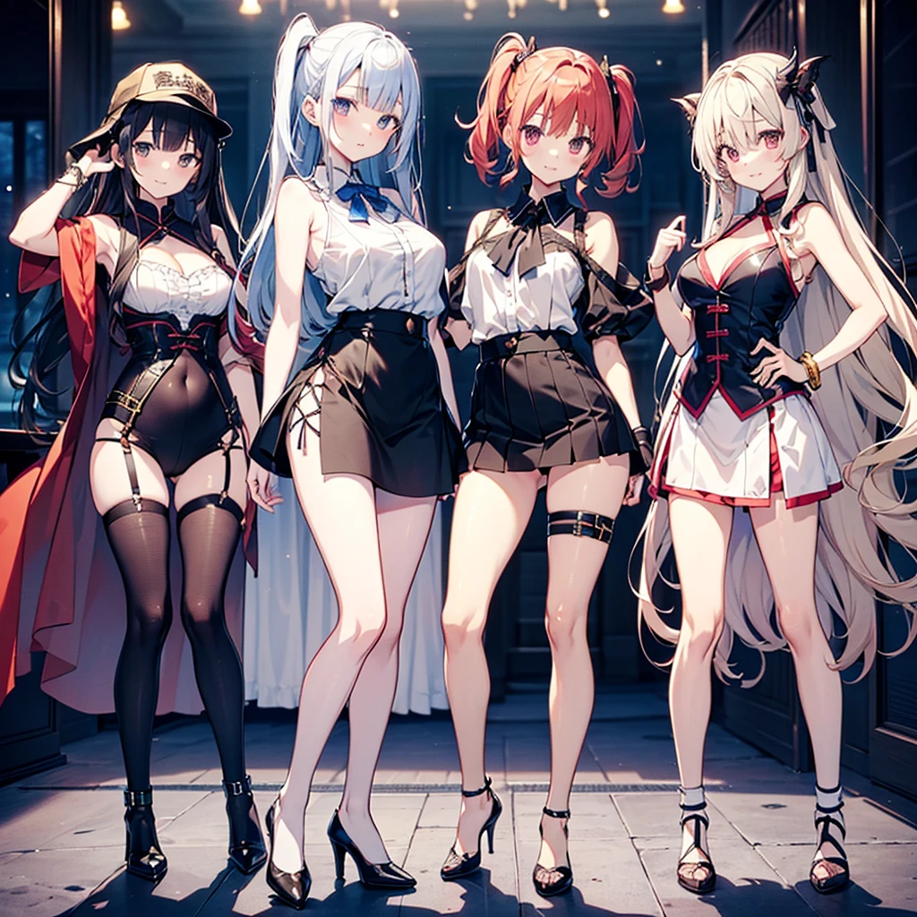 ((((Haremの複数のキャラクターが笑顔で描かれました))))、Group of female dancers in a medieval fantasy setting、Dragon Quest、 (At the pub), Various Hair Styles, Harem, night, detailed aspects, mini skirt, Seduce, Sleeveless、Showing off panties that you&#39;re not wearing、Large Breasts、A little bigger ass、Waist、Pulling up her short skirt