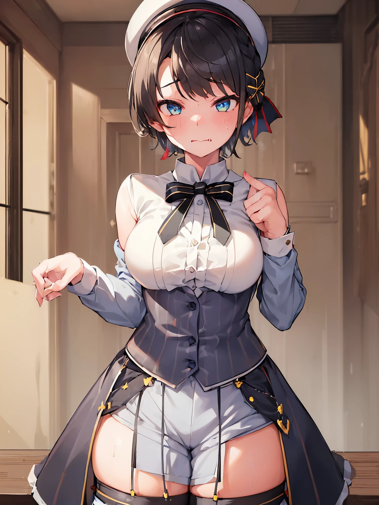 NSFW,(One girl:1.5),subaru_suspenders、French Braid、Grey Shirt、No arms、Black bow tie、Blue shorts、abdomen、Grey hat、Grey socks,indoor,inn,(Perfect hands),(Perfect Anatomy),(masterpiece),(highest quality),(Lustful face:1.5),Embarrassed,blush