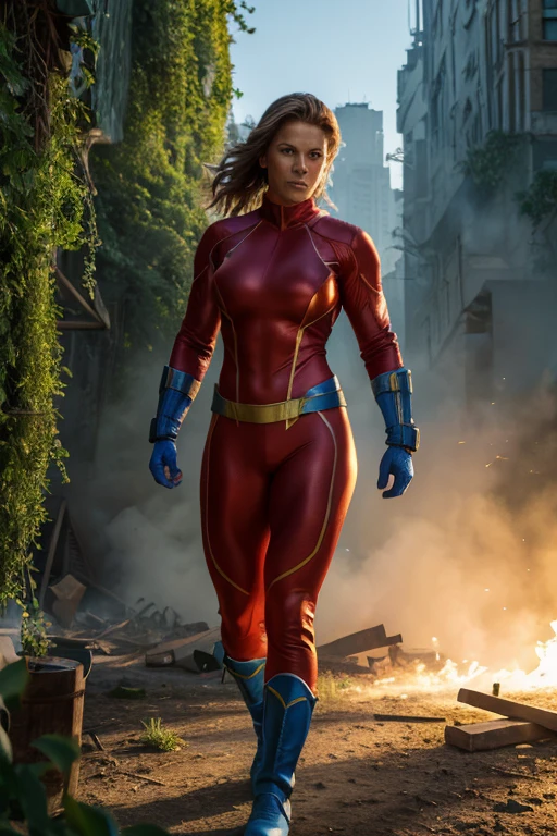 (best quality,4k,8k,highres,masterpiece:1.2), ultra-detailed, (realistic,photorealistic,photo-realistic:1.37), HDR, UHD, studio lighting, extreme detail description, professional, vivid colors, bokeh, women's hero, brown hair, wearing red spandex suit, with no skin showing, has blue circle on her chest, wearing blue gloves, wearing blue boots, confident, heroic pose, vibrant background, greenery, dynamic action, intense expression, atmospheric lighting, surreal, bold strokes of paint, intense shadows and highlights, mysterious ambiance, epic scene, and lives in destroyed city