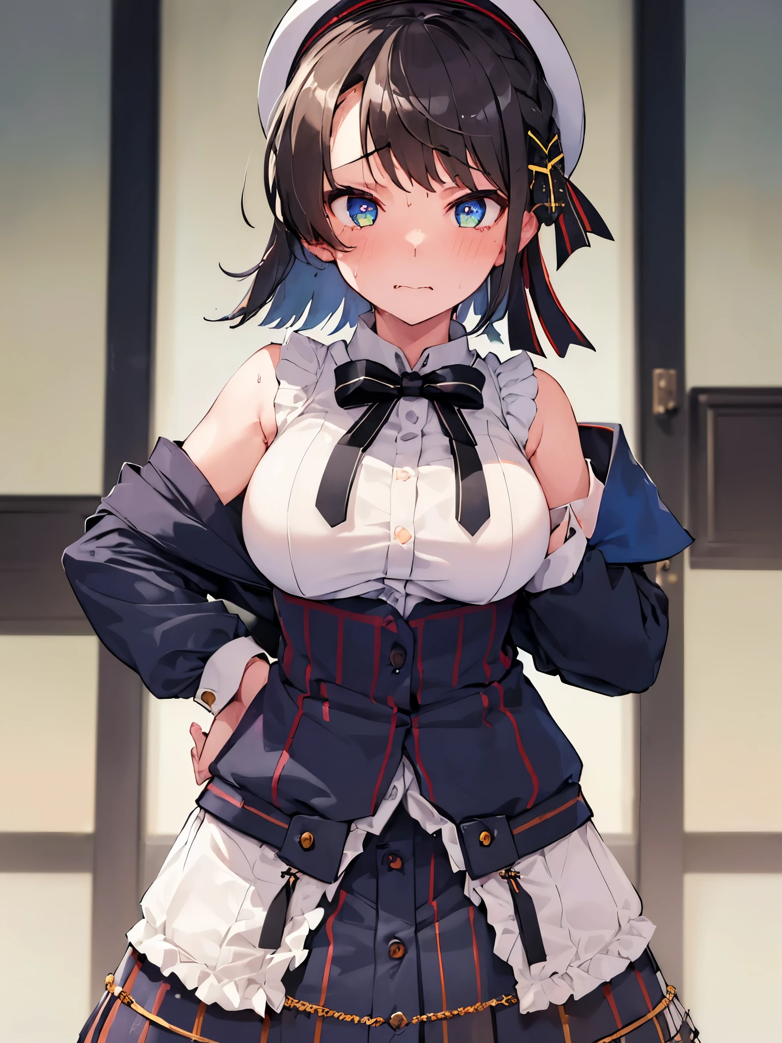 NSFW,(One girl:1.5),subaru_suspenders、French Braid、Grey Shirt、No arms、Black bow tie、Blue shorts、abdomen、Grey hat、Grey socks,indoor,inn,(Perfect hands),(Perfect Anatomy),(masterpiece),(highest quality),(Lustful face:1.5),Embarrassed,blush