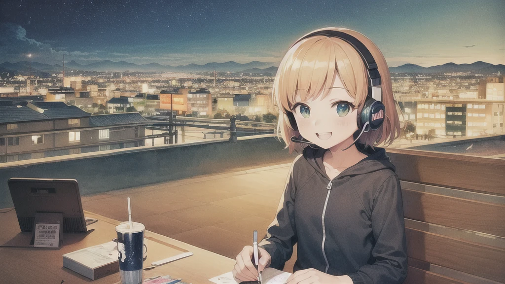 Lo-fi Hip Hop , flat, 2.5D, Line art, Ink drawing, Watercolor, Gouache color, Studio Ghibli style, Great colorful, Relaxed girl listening to music with headset, smile, Detailed teeth, はにかんだsmile, 80s city night view, bike