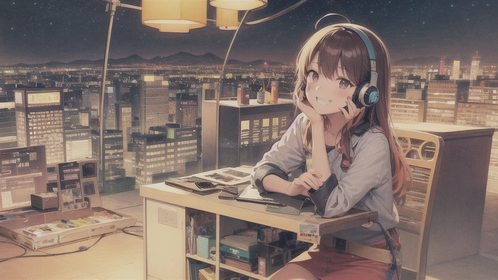 Lo-fi Hip Hop , flat, 2.5D, Line art, Ink drawing, Watercolor, Gouache color, Studio Ghibli style, Great colorful, Relaxed girl listening to music with headset, smile, Detailed teeth, はにかんだsmile, 80s city night view, bike