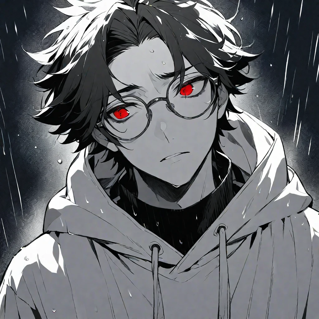 solo, handsome,Monochrome,
1 male,
Ponytail, Braided black hair,
red eyes, Gojo Satoru,casual, hoodie,
monotone,cool,Sadness,Feelings of emptiness,Emptiness,Round Glasses,Put on the hood,rain,
black background,look up,Face close-up
