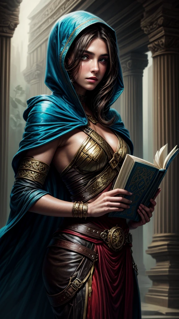 Speed painting of portrait of a fantasy female brunette human, with a blue hood, in a temple, D&D character, holding a large book with butterfly on it.