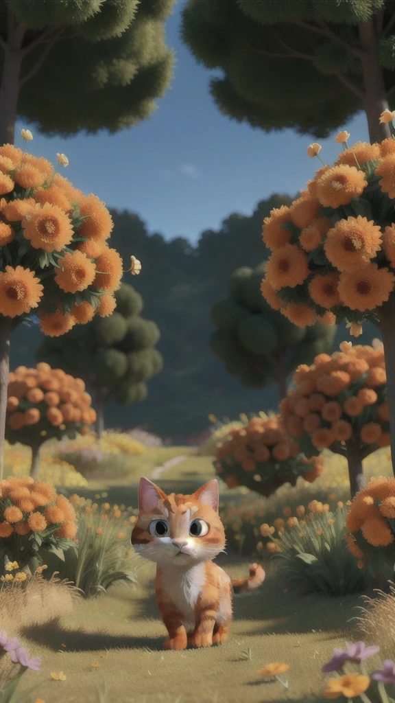 The orange cat walking through tall grass, with a curious expression, surrounded by blooming flowers.