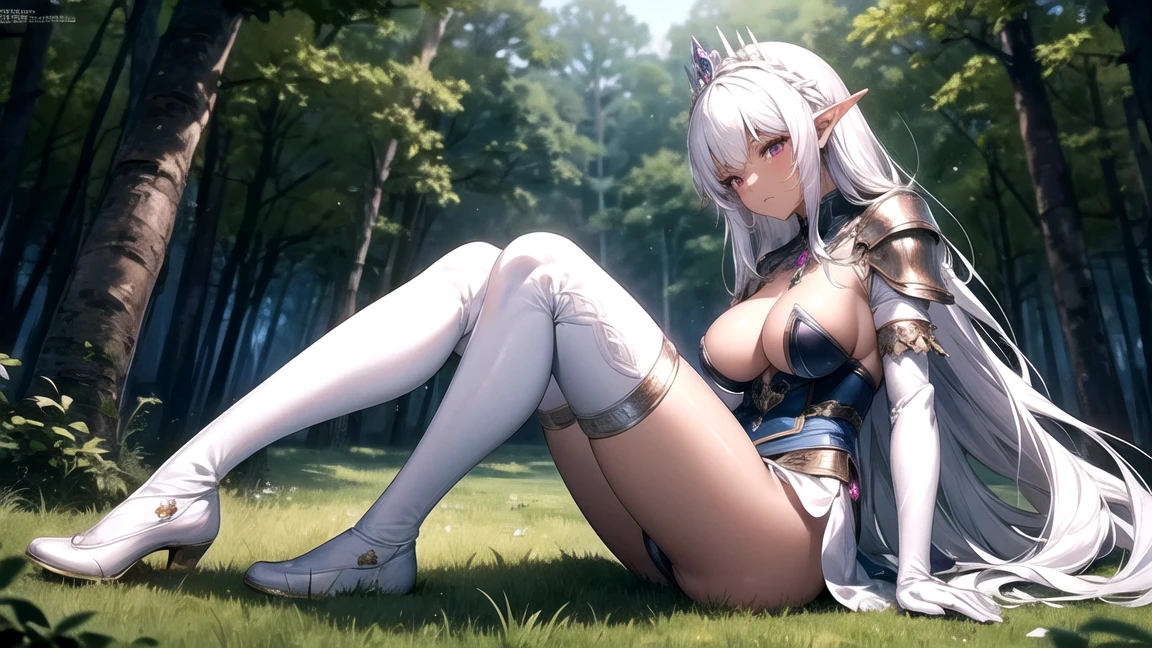 4K,High resolution,One Woman,Dark Skin Elf Big ,Princess、Hide her breasts,,,Heavy Armor,White shoes,Satin Long Gloves,,in the forest Knee-high socks、Long white elbow gloves,