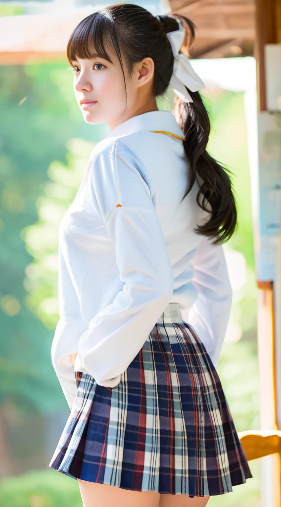 Highest quality、highest quality、Highly detailed figure、Highly detailed face、Highly detailed eyes、Highly detailed nose、Highly detailed facial expressions、Highly detailed full body、Being in reality、16-year-old girl、Introvert、main character、 hairstyles、Bangs、Antennae、Back ponytail、High 、White polo shirt、Uniform skirt、Close to the skin、Tight、High school student plaid skirt、16 year old girl's breasts、Full body photo、Are standing、Emphasizes the beauty of thigh muscles、Full body photo、black tights、School classroom、front