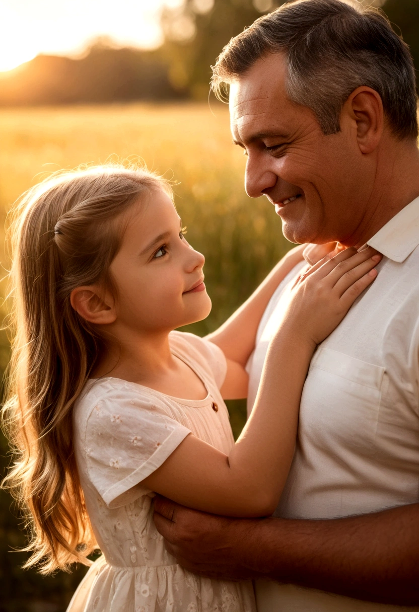 a loving father, Father's Day, father and daughter, heartwarming moment, paternal bond, ultra-detailed masterpiece (1.2, 8k highres), photorealistic, realistic, warm lighting, soft focus, beautiful colors, vibrant hues, tender mood, sentimental, cinematic – this image captures a tender embrace between a loving father and his daughter during golden hour. The father's gentle smile, tenderly holding his daughter's hand, emanates a heartfelt emotion as they share a beautiful family portrait. The warm lighting filters through the soft focus, bathing the picture in a loving relationship that radiates a palpable paternal bond