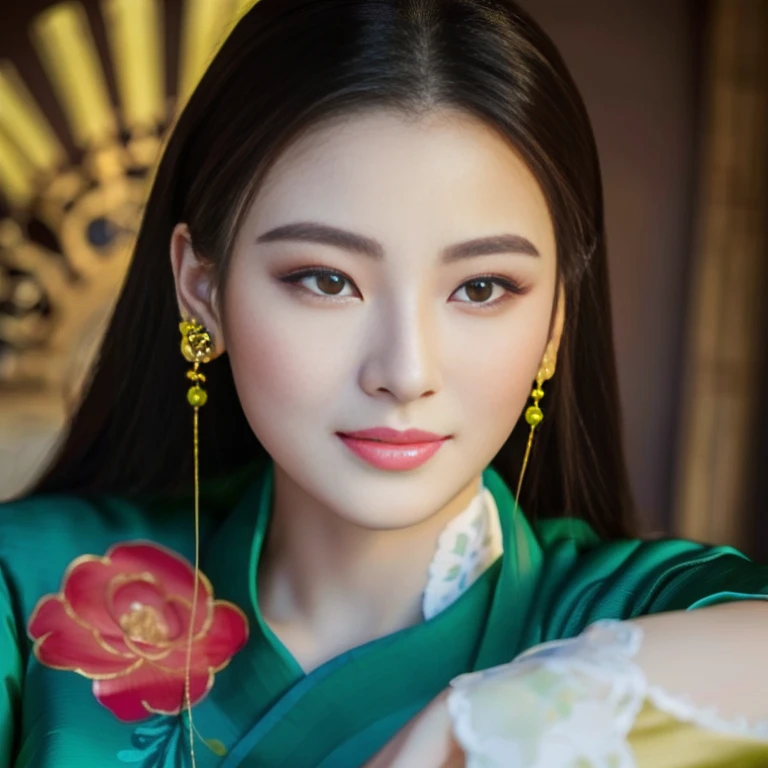 Close-up of woman in yellow and green dress, Heise-Lian Yan Fang, Chinese woman, palace , girl in hanfu, gongbi, ancient chinese beauty, korean woman, Inspired by Yoon Doo Seo, Chinese girl, beautiful south korean woman, Chinese princess, Yun Ling, traditional chinese, Inspiration from Woobin, Asian features