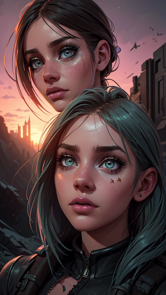 A girl in a post-apocalyptic world, beautiful detailed eyes, beautiful detailed lips, extremely detailed face, long eyelashes, dystopian landscape, pastel colors, cinematic lighting, dreamlike atmosphere, dual-tone color palette, hybrid realism, whimsical elements, intense mood, 8k, hyper detailed, masterpiece