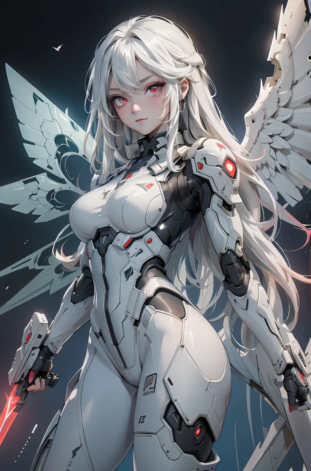 ((Cyberpunk women images)),raise one's arms high:1.4、armpits,,(masterpiece:1.4, highest quality, Dutch Angle)(One Girl, alone)(Gray hair that changes with light、Smooth and straight hair、WHITE hair fluttering in the wind)、(beautiful, Glowing Skin、Cheek Gloss Highlighter、Sexy and very beautiful and adorable face、The most beautiful face in the world、big, Glowing red eyes)、(Cute 25 year old girl, large breasts、Tight waist、Delicate shoulders、Perfect figure)(Overall dark、A ruined futuristic city、The world at the end of the century、Traces of war、cave、Remains)(Futuristic combat suit、White combat armor、Highly decorated combat uniform、Mechanical Wings、Wing-shaped weapon)(Shooting from close range、Pictures of female faces)