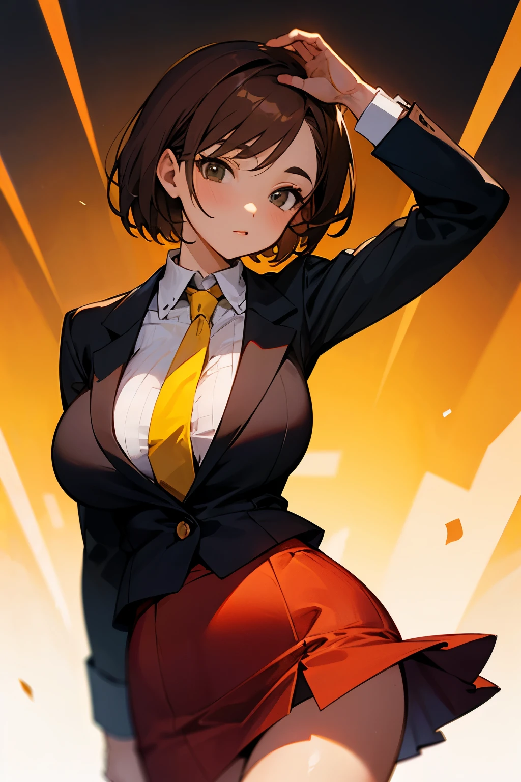 Girl, brown hair, formal business suit, yellow tie, very short red skirt, big breasts