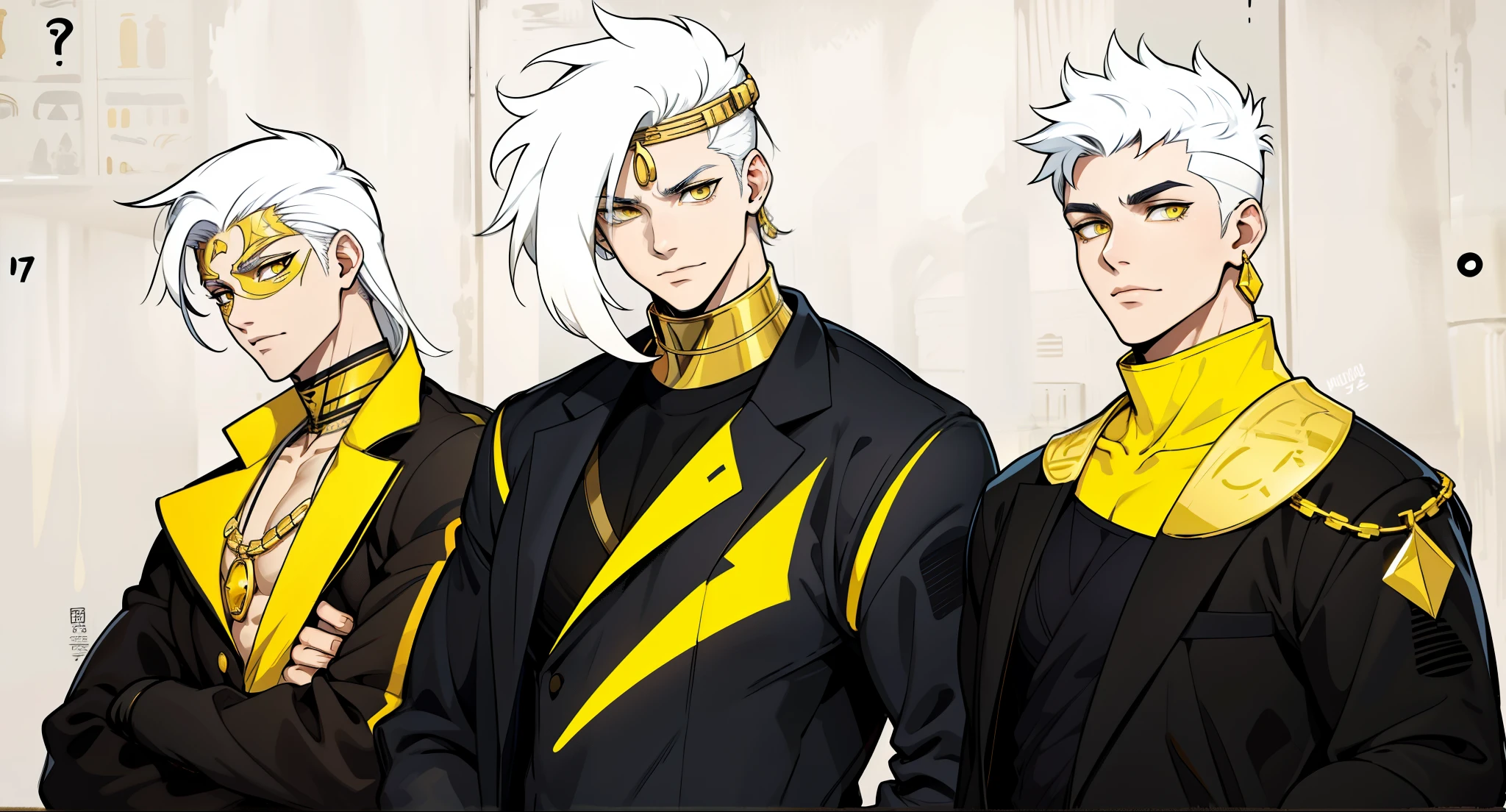 There are 5 Egyptian gods, one of them is intimidating. They have a youthful appearance of 17 years old, white hair, big yellow eyes, they have golden jewelry, black and yellow clothes.
