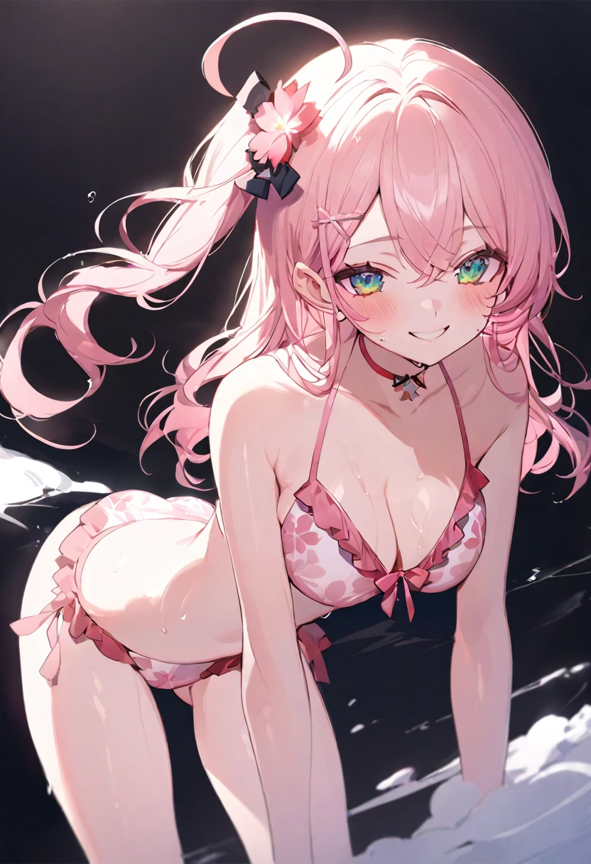 (masterpiece), (best quality), perfect face, beautiful girl, white background background, delicate and beautiful face and eyes, dark intense shadow,
1 girl, vtuber style, cool girl, hololive, MikoSummer, long hair, ahoge, one side up, hair flower, pink bikini, floral print, frilled bikini, bikini, wet body, big chest, cropped shoulders, clavicle, winking, smile, bare feet, chest visible through clothes, ass visible through thighs, (full body), back view, standing,