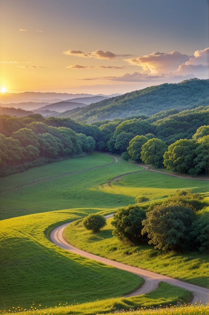 The novel cover depicts a serene and idyllic countryside scene at sunset. Rolling hills stretch into the distance, dotted with lush green meadows and scattered wildflowers. A winding river glimmers under the warm hues of the setting sun, reflecting the peaceful sky above. Old oak trees cast long shadows, adding to the tranquil atmosphere. The title "Chahtein Ishqwalo ki" is elegantly displayed in a simple yet elegant font, subtly integrated into the natural landscape, capturing the essence of romance and serenity in a quiet rural setting.