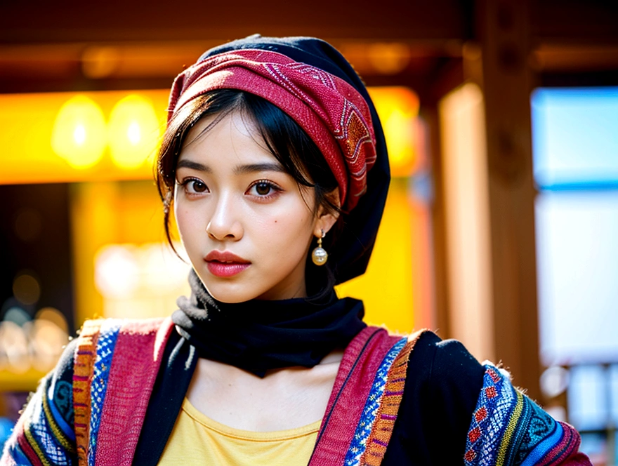 Full body shot of black arabic african hausa woman, Very realistic , Black headscarf, natural skin texture, 24 mm, texture 4k, Soft movie lighting, Photo Thug, Photorealism, Reality, complicated, elegant, Very detailed, Sharp focus, ((((((Feeling)))), Soft Tones, Crazy details, complicated细节, Ultra Detailed, low contrast, Soft movie lighting, Dark, Exposure Blending, HDR, Faded image of a stunning black woman，Depicted in bright colors and patterns, Celebrating her African heritage. 这幅作品展现了complicated细节和大胆的笔触, Capturing the essence of her beauty and radiance. This image is perfect for use as wall art inspired by contemporary culture.. Oil painting portrait of a young and very beautiful Hausa woman, in front of the market, Colorful clothes, Turban and gold hausa jewelry, close up, Majestic posture and attitude
