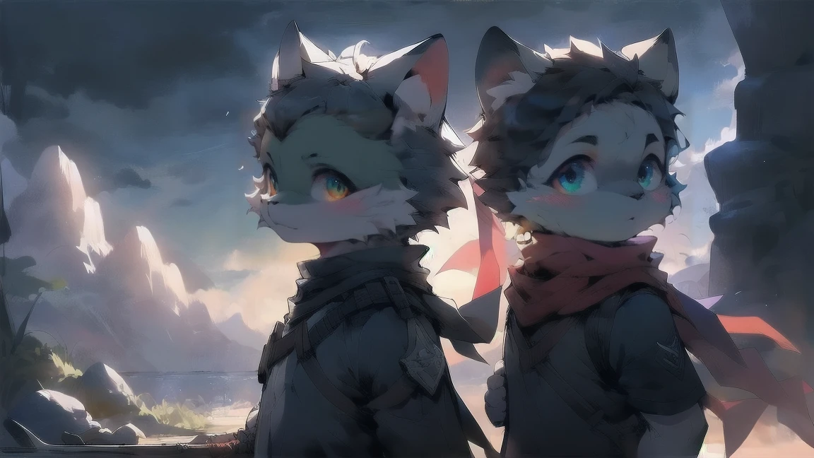 Wolf,juvenile,male,Gray-black fur,Sky blue eyes,Black combat uniform,scarf,Holding a long sword,scabbard,Draw the sword,permanent,The only one,dawn,illumination,Break,bust