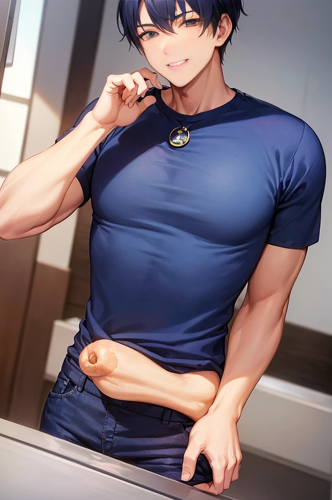 1 man , smile, (Wear color navy round neck T-shirt with a BASS badge: 1.2), Navy blue jeans, Korean guy , korean men, (High gloss details), chest muscles, large arm muscles, blood vessel, Big muscles, Broad shoulders