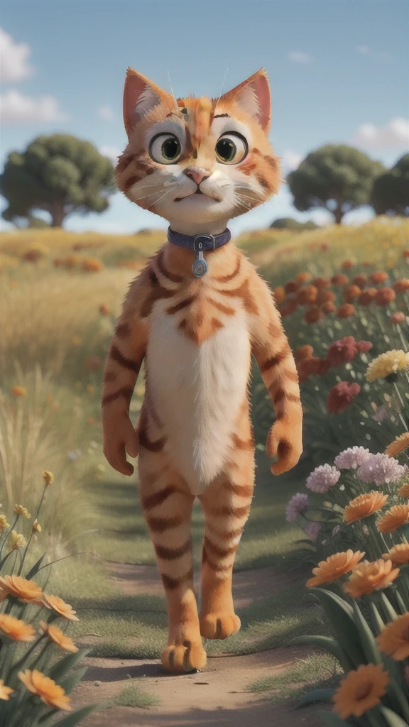 The orange cat walking through tall grass, with a curious expression, surrounded by blooming flowers.