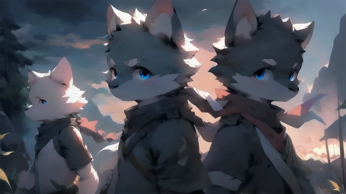 Wolf,juvenile,male,Gray-black fur,Sky blue eyes,Black combat uniform,scarf,Holding a long sword,scabbard,Draw the sword,permanent,The only one,dawn,illumination,Break,bust