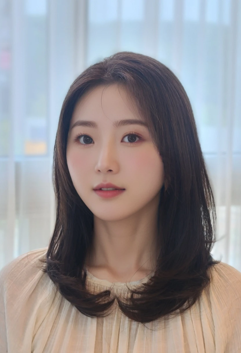 Best Quality, 8k, Masterpiece, (Portrait: 1.3), (photo realistic:1.4), (hyper realistic:1.4), Sharp Focus, looking at viewer, (smoother lighting:1.1), (increase cinematic lighting quality:0.9), realistic lighting, backlighting, light on face, ray trace, (brightening light:1.2), (Increase quality:1.4), sharp detail, (best quality real texture skin:1.4), finely detailed eyes, black_eyes, finely detailed face, 25 year old Korean woman