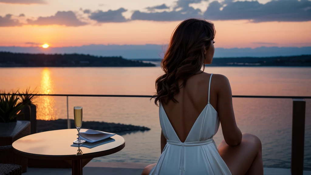 Beautiful woman sitting on a chair and drinking champagne, Rear view, sunset, 4K, photograph