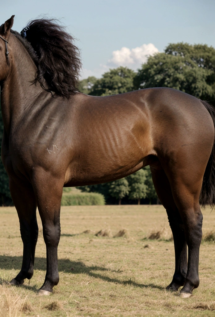 side view of a Big Brabant stallion emitting jet of light green from bum , in a grass field. being ridden by a large very full figured dark skinned nude African woman