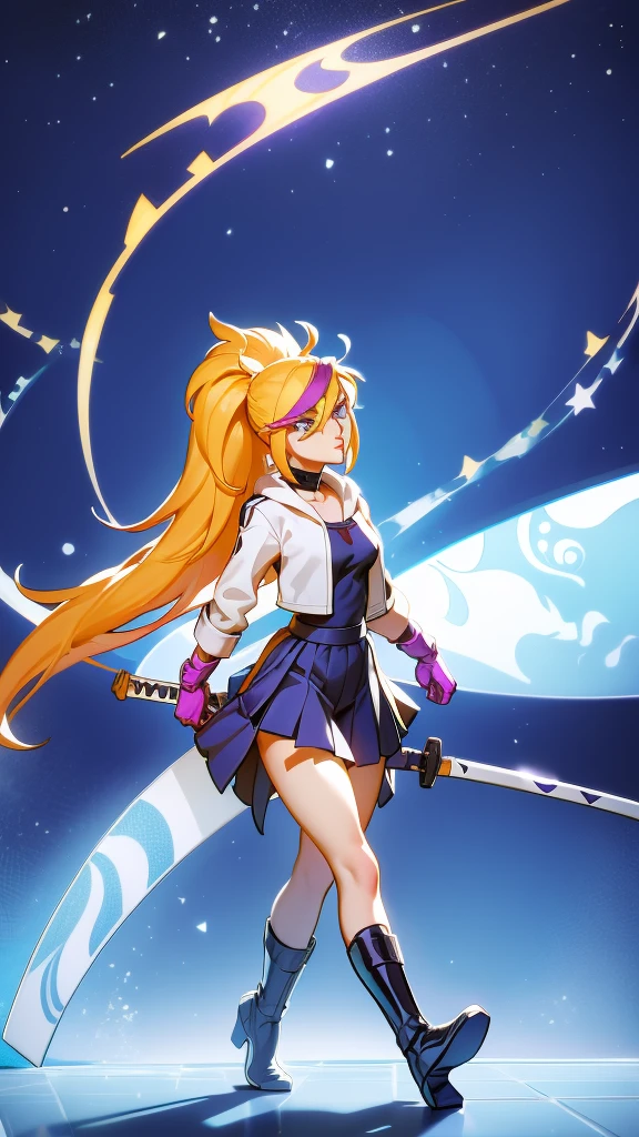 1 girl, ultra long hair, ultra detailed face, glowing lips, glowing blue eyes, very long ponytail, elegant walk, catwalk, holding down a  giant katana, blonde, long eyelashes, long boots , looking to the sky, starry sky, a ultra giant katana 