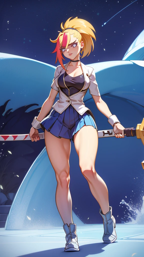 1 girl, ultra long hair, ultra detailed face, glowing lips, glowing blue eyes, very long ponytail, elegant walk, catwalk, holding down a  giant katana, blonde, long eyelashes, long boots , looking to the sky, starry sky, a ultra giant katana 