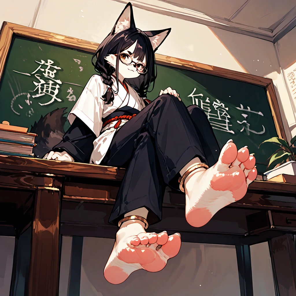 score_9, score_8_up, score_7_up, score_6_up,score_5_up, source_anime, source_furry, anthro, furry hadrian, solo, black hair, Japanese  uniform, glasses,black hair,low twin braids, ,desk,sitting on desk,foot up,barefoot,soles,foot focus, furry female, anthro fox, paw_sloe,sharp_toenails, pawpads, barefoot, plantigrade, 5 toes, from below,anklet,bare legs,chalkboard,