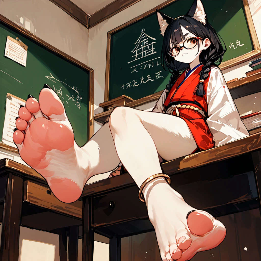 score_9, score_8_up, score_7_up, score_6_up,score_5_up, source_anime, source_furry, anthro, furry hadrian, solo, black hair, Japanese uniform, glasses,black hair,low twin braids, ,desk,sitting on desk,foot up,barefoot,soles,foot focus, furry female, anthro fox, paw_sloe,sharp_toenails, pawpads, barefoot, plantigrade, 5 toes, from below,anklet,bare legs,chalkboard,