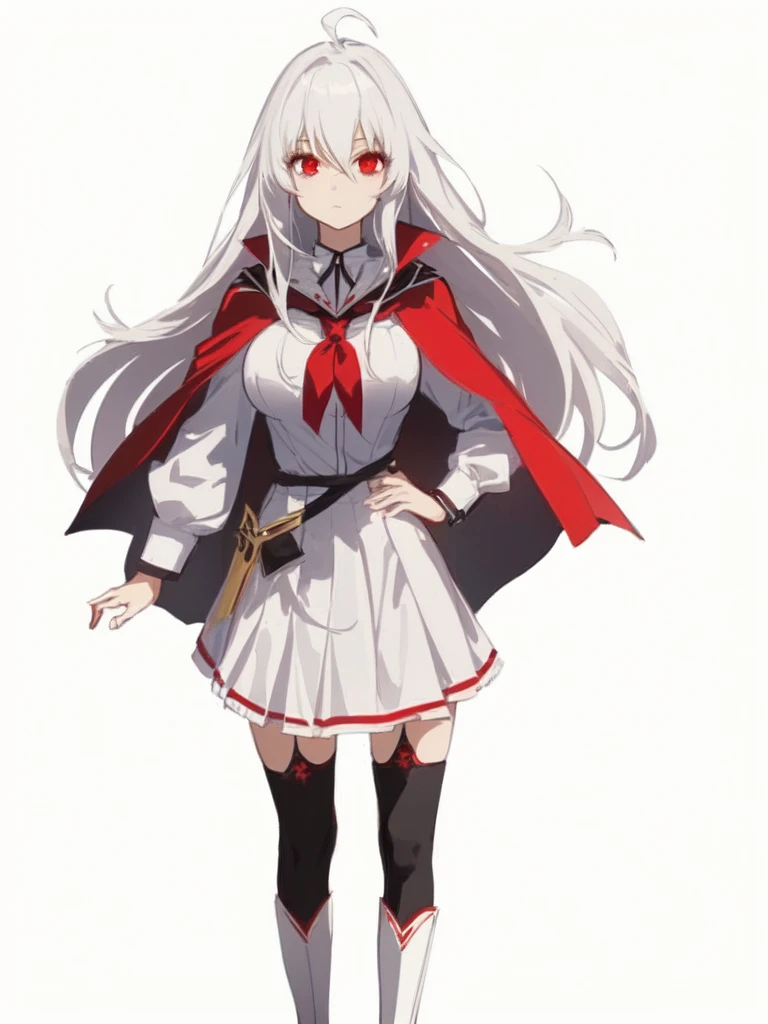 masterpiece, best quality, comic, adorable girl, very long hair, white hair, ahoge, eyeball, expressionless,  red eyes, large breasts, seifuku, cape, skirt, black thighhighs, boots, satchel, hand_on_hip, 