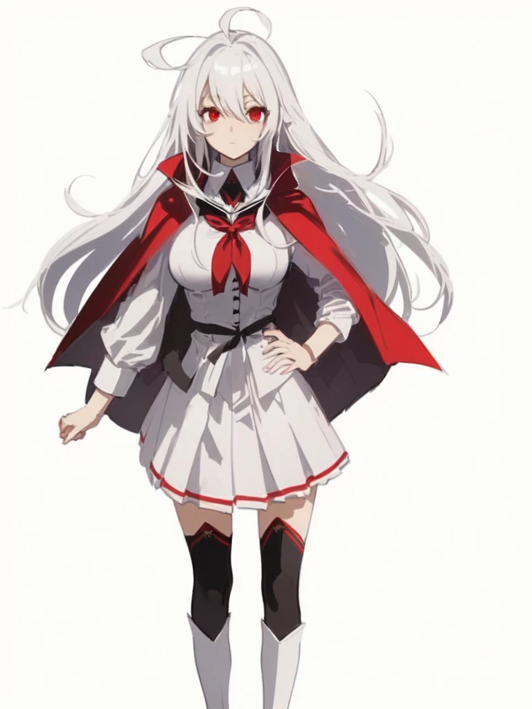 masterpiece, best quality, comic, adorable girl, very long hair, white hair, ahoge, eyeball, expressionless, red eyes, large breasts, seifuku, cape, skirt, black thighhighs, boots, satchel, hand_on_hip,