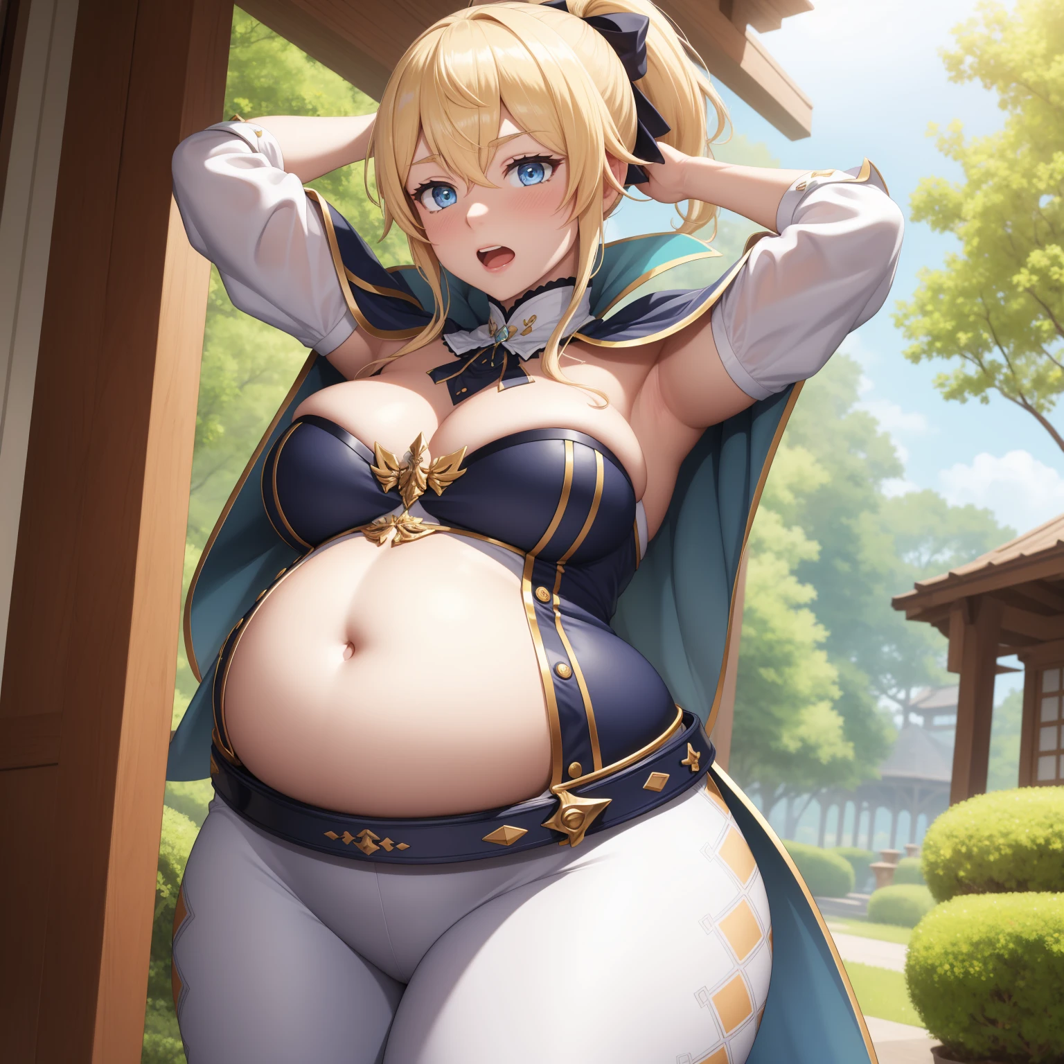 absurdres, highres, (official art, beautiful and aesthetic:1.2), ultra detail, beautiful person, bangs, blue eyes, blonde hair, long hair, hair between eyes, ponytail,
gloves, bow, hair between eyes, ponytail, hair bow, sidelocks, belt, pants, capelet, detached collar, white pants, tight, blue capelet,
wind effect, jean \(genshin impact\), ((big belly, massive belly, chubby, giant belly)), shocked, open mouth, (hands behind head:1.4), (solo:1.5)