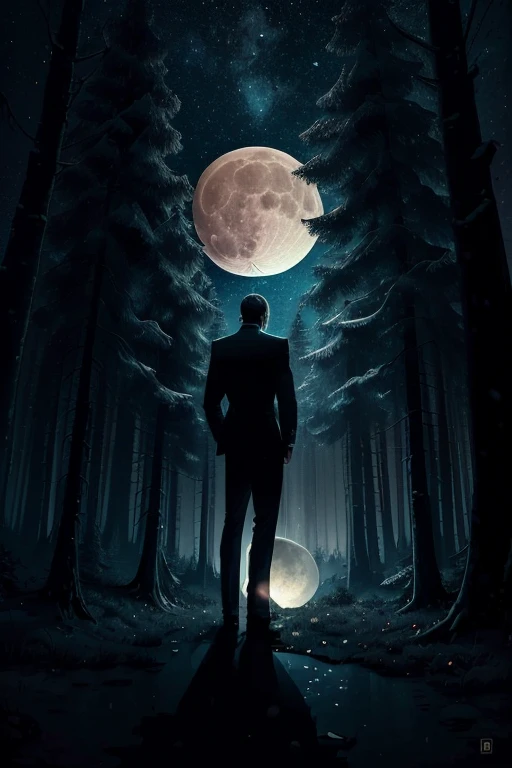 Silhouette art double exposure full moon bright light in the woods back view of tall man meticulous realistic details man back view detailed clear art abstraction details complex anatomy correct,Textured,Artistic masterpiece, illustration in art style ,A lifelike masterpiece (best quality)