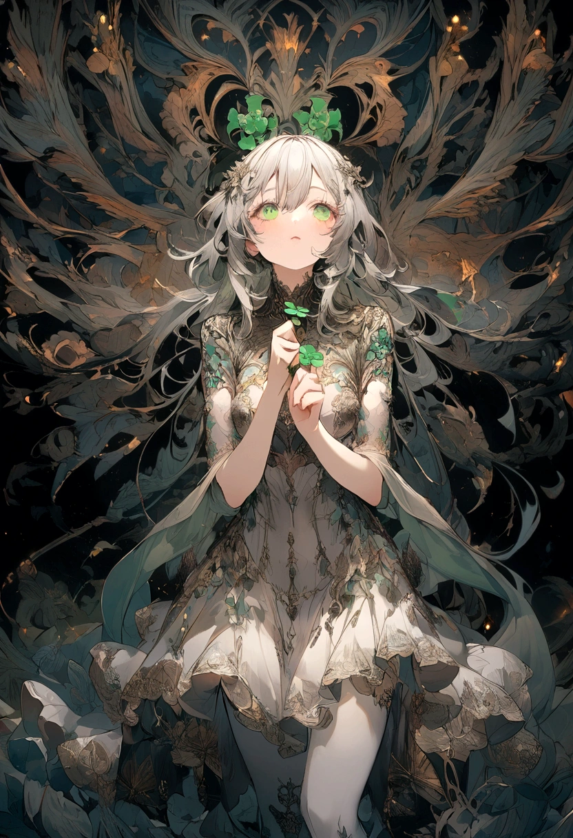 Generate a person standing under a high wall,Holding a lucky four-leaf clover, looking up and forward,Background two-dimensional wallpaper 4k ultra clear,The character is a girl,With your back to me,night