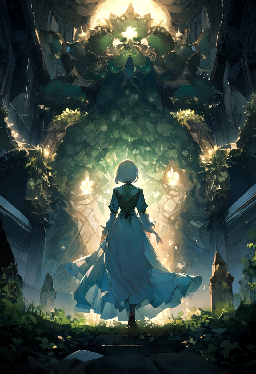 Generate a person standing under a high wall,Holding a lucky four-leaf clover, looking up and forward,Background two-dimensional wallpaper 4k ultra clear,The character is a girl,With your back to me,night