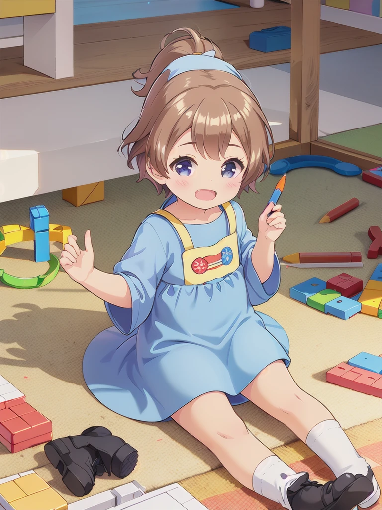 highest quality, (masterpiece:1.2), Very detailed,noon,((indoor,bedroom,album,albumの中の写真,))laughing,Lens flare,One Girl, alone, Brown Hair, short hair, bangs,kindergarten,crayon_have,(((Blue smock))),,smile,Open your mouth,5 years old,(((Chibi))),Building Blocks,White socks