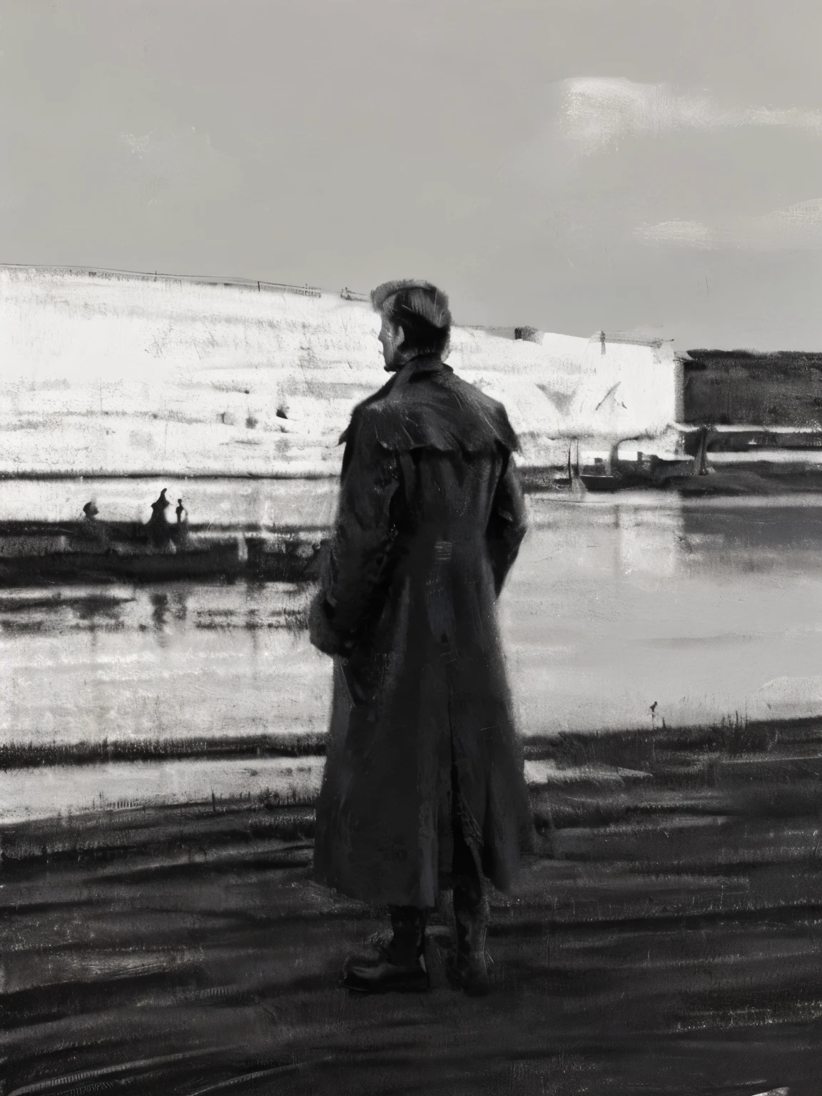 In a monochrome landscape、Generate a back view of a man wearing a stylish coat。His pose is slightly reclined.、Please create a striking image with a faint cityscape visible in the background.。Using shadows and lighting、It is important to give a deep impression。