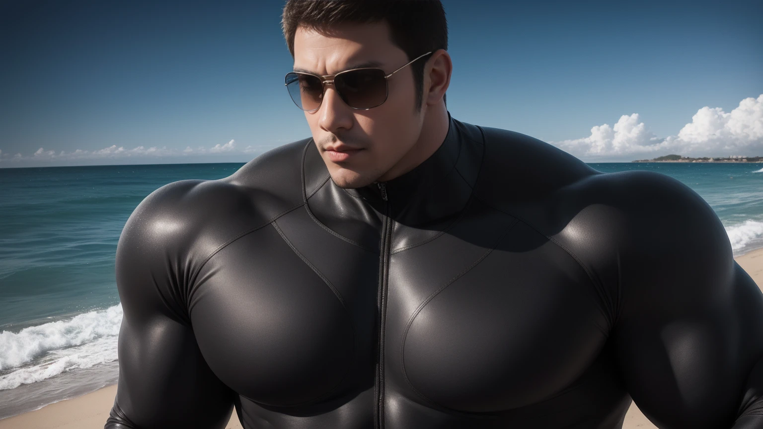 Super muscular man hugging,  They wear sunglasses，Deep gaze kiss，They embrace affectionately，short hair，Beach under the scorching sun, Wear a light grey high collar, long sleeves and tight fitting wetsuit, Shark skin texture，Beach by the sea，beautiful landscape，The expression is arrogant, Thick thighs, messy hair, Thick thighs, Wear a light grey high collar, long sleeves and tight fitting wetsuit, Shark skin texture，very tight, Regular symmetrical pattern, Highlight muscles, character concept（Resident Evil - chris redfield, chris redfield）A proud expression, Deep and charming eyes, Valiant male pose, tall Burly, muscular！muscular thighs, Tough Guy, Perfect facial features, High, Burly, Heqiang, Super exquisite and cool, High Resolution Committee, Attractive, The sun is blazing, Dazzling