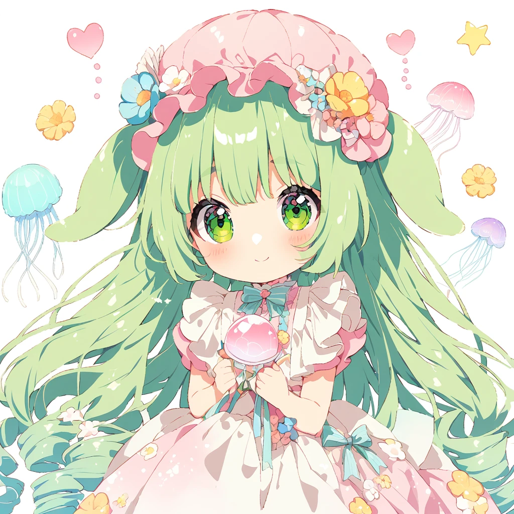(Pastel colors:1.5)、(Lovely illustration:1.5)、(Watercolor:1.2)、(1 Girl:1.0)、(White and yellowish green hair:1.2)、Hair between the eyes、White background、girl with、whole body、jellyfish、jellyfish girl, Jellyfish-like umbrella、Puffed skirt dress、The skirt part is raised、jellyfish pattern design, Good style、Double layer green long skirt、The heart shines、Green and chartreuse pattern, Light Blue, Lovely, Floral ornaments on the head、jellyfish、Cute hair arrangement, long、curls、Fetish、Smile,  fantasy, detailed picture、Flutter、Smile、Lovely、Fenghe Fenghe、calm、High resolution、High level of image quality、Kind、Upper part of the body