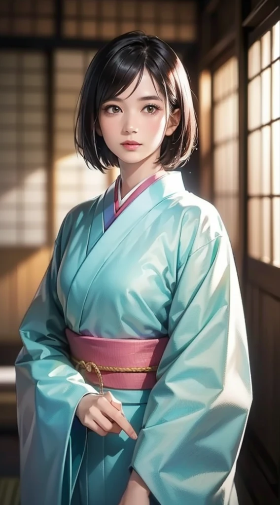 (Realistic)、(Realistic:1.2)、(High resolution)、Very detailed、Very beautiful face and eyes、1 girl、Delicate body、(highest quality、Attention to detail、Rich skin detail)、(highest quality、8k、Oil paint:1.2)、Very detailed、(Realistic、Realistic:1.37)、Bright colors、Full Body Shot,black_hair, Beautiful 8k eyes,Looking_in_Audience,One person in,Are standing,((Very beautiful woman, Fuller lips, Japanese pintern kimono))、((Colorful Japanese kimono)))、(((blackhair)))、(((Blunt bung,short hair)))、((( Inside an old Japanese house with a (short focus :1.4),)))、(masterpiece, highest quality, highest quality, Official Art, beautifully、aesthetic:1.2),(Fractal Art:1.3),Sengoku period、Greg Rutkowski Written by Alphonse Mucha Ropp,short ,uchikake,nishijin ori,(realistic light and shadow), (real and delicate background),(muted colors, dim colors, soothing tones:1.3), low saturation, (hyperdetailed:1.2), (noir:0.4),drow,blurry_light_background, (vibrant color:1.2), cinematic lighting, ambient lighting,Single Shot,Shallow Focus,pink lip,blurry light background,
