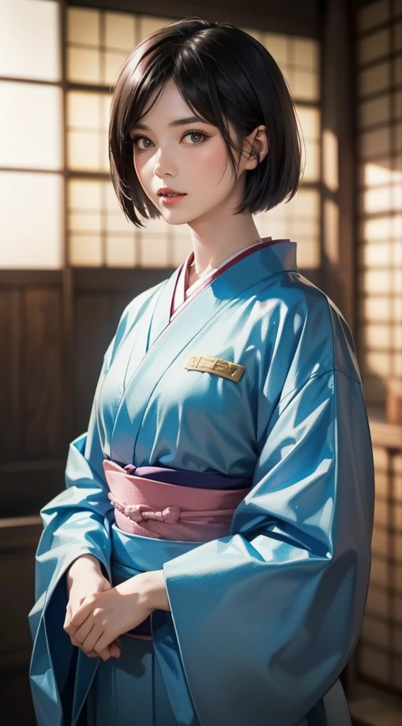 (Realistic)、(Realistic:1.2)、(High resolution)、Very detailed、Very beautiful face and eyes、1 girl、Delicate body、(highest quality、Attention to detail、Rich skin detail)、(highest quality、8k、Oil paint:1.2)、Very detailed、(Realistic、Realistic:1.37)、Bright colors、Full Body Shot,black_hair, Beautiful 8k eyes,Looking_in_Audience,One person in,Are standing,((Very beautiful woman, Fuller lips, Japanese pintern kimono))、((Colorful Japanese kimono)))、(((blackhair)))、(((Blunt bung，short hair)))、((( Inside an old Japanese house with a (short focus :1.4),)))、(masterpiece, highest quality, highest quality, Official Art, beautifully、aesthetic:1.2),(Fractal Art:1.3),Sengoku period、Greg Rutkowski Written by Alphonse Mucha Ropp,short ,uchikake,nishijin ori,(realistic light and shadow), (real and delicate background),(muted colors, dim colors, soothing tones:1.3), low saturation, (hyperdetailed:1.2), (noir:0.4),drow,blurry_light_background, (vibrant color:1.2), cinematic lighting, ambient lighting,Single Shot,Shallow Focus,pink lip,blurry light background,