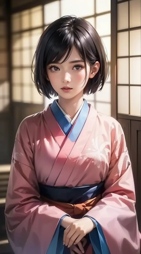 (Realistic)、(Realistic:1.2)、(High resolution)、Very detailed、Very beautiful face and eyes、1 girl、Delicate body、(highest quality、Attention to detail、Rich skin detail)、(highest quality、8k、Oil paint:1.2)、Very detailed、(Realistic、Realistic:1.37)、Bright colors、Full Body Shot,black_hair, Beautiful 8k eyes,Looking_in_Audience,One person in,Are standing,((Very beautiful woman, Fuller lips, Japanese pintern kimono))、((Colorful Japanese kimono)))、(((blackhair)))、(((Blunt bung,short hair)))、((( Inside an old Japanese house with a (short focus :1.4),)))、(masterpiece, highest quality, highest quality, Official Art, beautifully、aesthetic:1.2),(Fractal Art:1.3),Sengoku period、Greg Rutkowski Written by Alphonse Mucha Ropp,short ,uchikake,nishijin ori,(realistic light and shadow), (real and delicate background),(muted colors, dim colors, soothing tones:1.3), low saturation, (hyperdetailed:1.2), (noir:0.4),drow,blurry_light_background, (vibrant color:1.2), cinematic lighting, ambient lighting,Single Shot,Shallow Focus,pink lip,blurry light background,