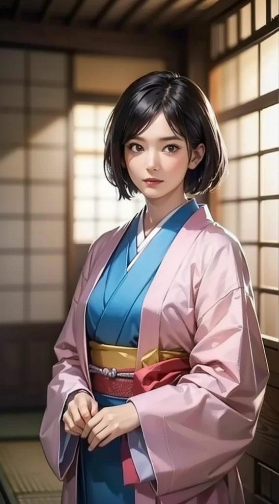(Realistic)、(Realistic:1.2)、(High resolution)、Very detailed、Very beautiful face and eyes、1 girl、Delicate body、(highest quality、Attention to detail、Rich skin detail)、(highest quality、8k、Oil paint:1.2)、Very detailed、(Realistic、Realistic:1.37)、Bright colors、Full Body Shot,black_hair, Beautiful 8k eyes,Looking_in_Audience,One person in,Are standing,((Very beautiful woman, Fuller lips, Japanese pintern kimono))、((Colorful Japanese kimono)))、(((blackhair)))、(((Blunt bung,short hair)))、((( Inside an old Japanese house with a (short focus :1.4),)))、(masterpiece, highest quality, highest quality, Official Art, beautifully、aesthetic:1.2),(Fractal Art:1.3),Sengoku period、Greg Rutkowski Written by Alphonse Mucha Ropp,short ,uchikake,nishijin ori,(realistic light and shadow), (real and delicate background),(muted colors, dim colors, soothing tones:1.3), low saturation, (hyperdetailed:1.2), (noir:0.4),drow,blurry_light_background, (vibrant color:1.2), cinematic lighting, ambient lighting,Single Shot,Shallow Focus,pink lip,blurry light background,