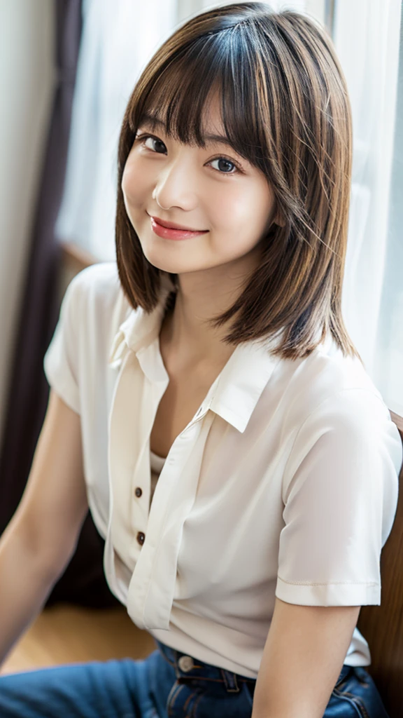 ((8K quality、professional、highest quality、masterpiece:1.3))、solo、Real、Photorealistic、Portrait、(Upper body close-up)、Slender Abs:1.2、Very cute 12-year-old elementary school student、((Flat Chest:1.4、AA cup、Skinny Beautiful Girl:1.4))、((Loose fitting T-shirt、Plain and large long T-shirt:1.4))、Bedroom:1.4、Platinum Blonde Hair、Silky straight hair、Beautiful Bangs、Delicate and cute 12-year-old beautiful girl、Slim fit、Skinny body、Sub-surface Scattering、Highly detailed face and skin texture、Beautiful detailed eyes、 Attractive big eyes、Beautiful detailed nose、The best beauty、Shooting from above、(Leaning forward:1.3)、Down blouse、Perfect hands、Smile、Looking at the camera