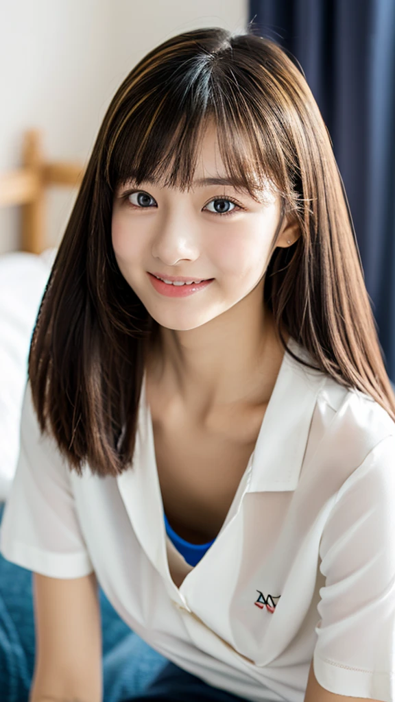 ((8K quality、professional、highest quality、masterpiece：1.3))、solo、Real、Photorealistic、Portrait、(Upper body close-up)、Slender Abs:1.2、Very cute 12-year-old elementary school student、((Flat Chest:1.4、AA cup、Skinny Beautiful Girl:1.4))、((Loose fitting T-shirt、Plain and large long T-shirt:1.4))、Bedroom:1.4、Platinum Blonde Hair、Silky straight hair、Beautiful Bangs、Delicate and cute 12-year-old beautiful girl、Slim fit、Skinny body、Sub-surface Scattering、Highly detailed face and skin texture、Beautiful detailed eyes、 Attractive big eyes、Beautiful detailed nose、The best beauty、Shooting from above、(Leaning forward:1.3)、Down blouse、Perfect hands、Smile、Looking at the camera