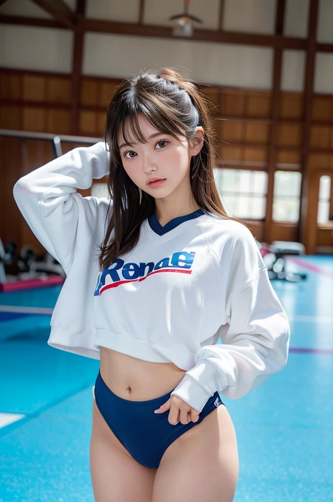 8K、Ultra Detail、フォトReal、Realistic and accurate depiction、Realistic and accurate human anatomy、High resolution、highest quality、Japanese、Real、The ultimate beautiful girl、Perfect figure、whole body、cute、ランダムでcuteヘアスタイル、Sportswear、Random color bloomers、A sporty beautiful girl wearing bloomers、 figure、12 years old、Gym suit