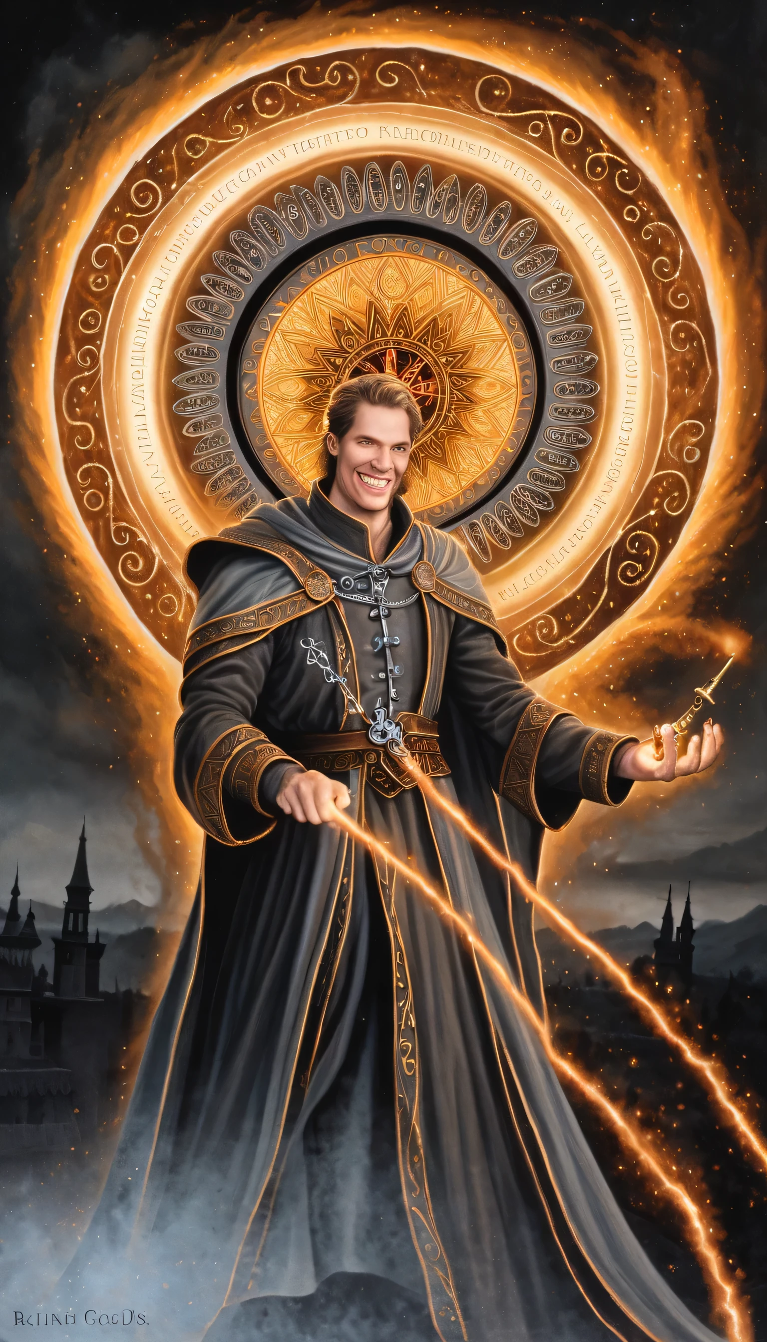 masterpiece, best quality, high quality, 1boy, digital painting, Gatekeeper of prompts, Gatekeeper, Key, Portal, Fantasy, Fine Art, Digital Art, Magical, Mystical, Ethereal, Unique Style, Highly Textured, Intricate Details, Vibrant Colors, ((by J.R.R. Tolkien, by Salvador Dali, by Brian Froud)), absurdres, Dynamic Pose, Vigilant Stance, Gate, Fantasy Art, Magic, Protector, Surreal, Symbolic, (evil grin, grin), yellow eyes
